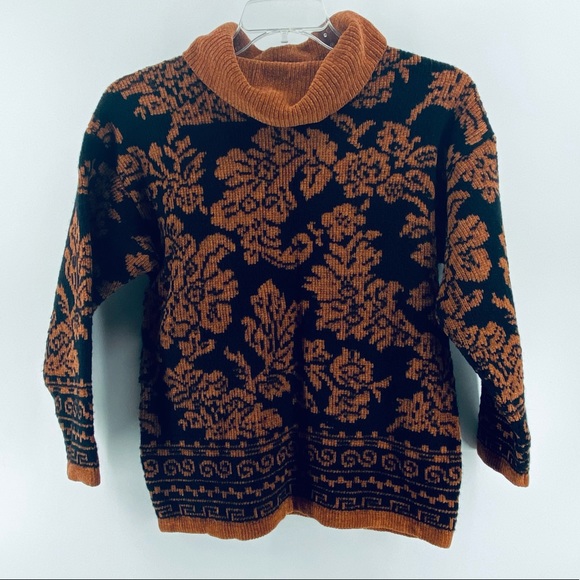 VTG Le Mode Rust Brown and Black Wool Blend Turtleneck Sweater Size Small - Picture 1 of 9
